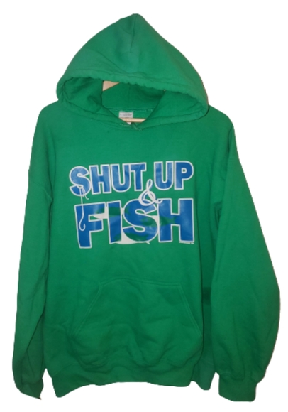 Shut Up & FISH! Mens Fishing Hoodie Green Blue L - Picture 6 of 8